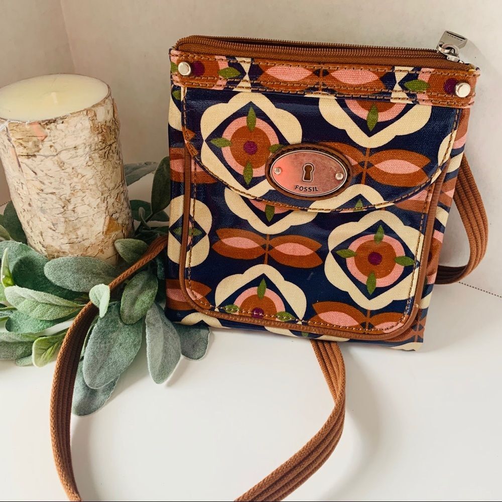 Fossil Key-Per Mini Crossbody Purse Multicolor Mod Floral Geometric Shoulder Bag - Picture 2 of 6